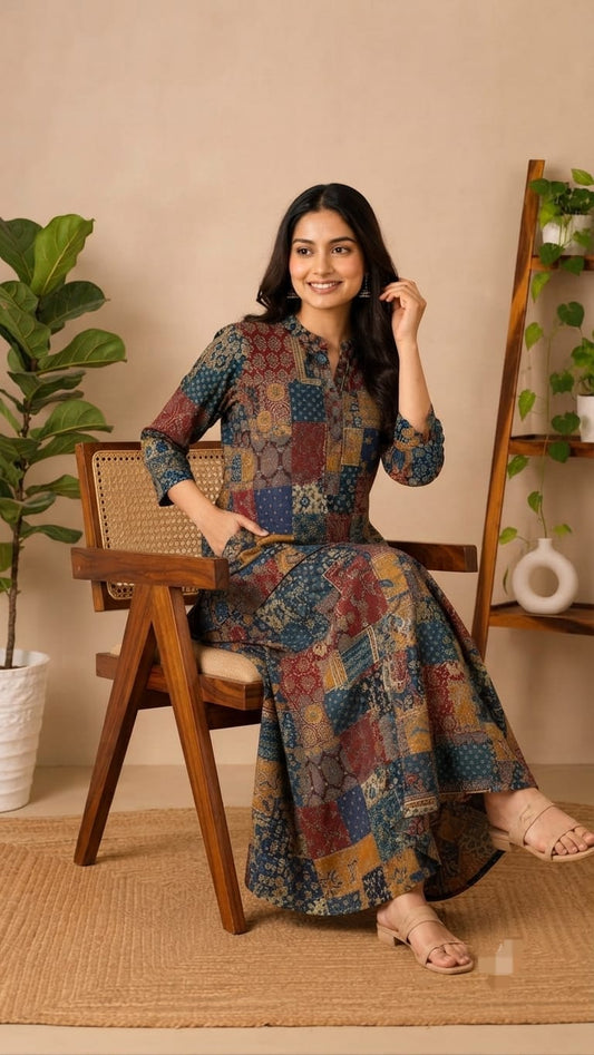 Women’s Printed Kurta Palazzo Set | Stylish Cotton Blend Kurta with Wide-Leg Palazzo | Festive & Casual Wear