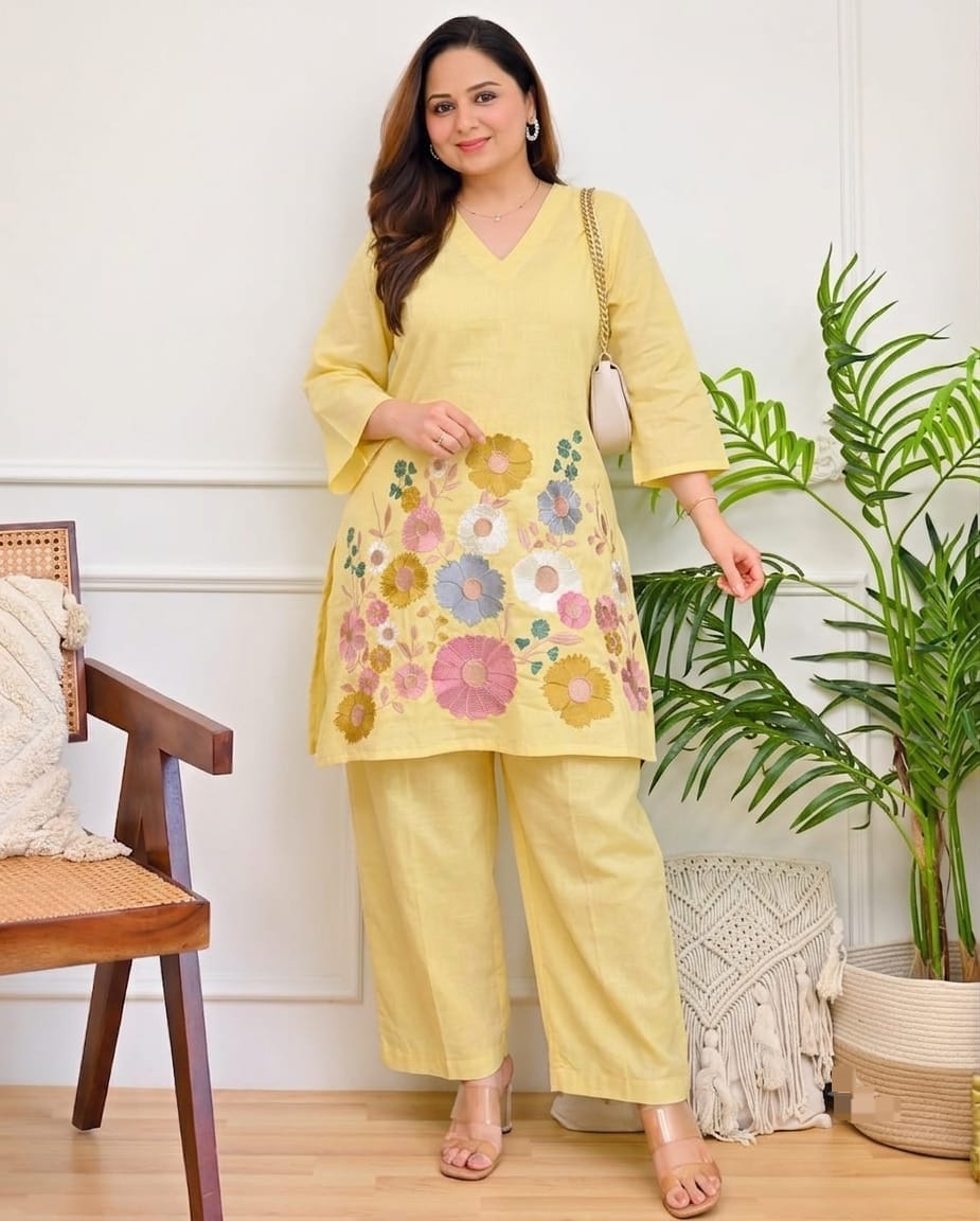 Women’s Embroidered Yellow Cotton Coord Set | Floral Embroidery Kurta Pant Set | Attire Vogue