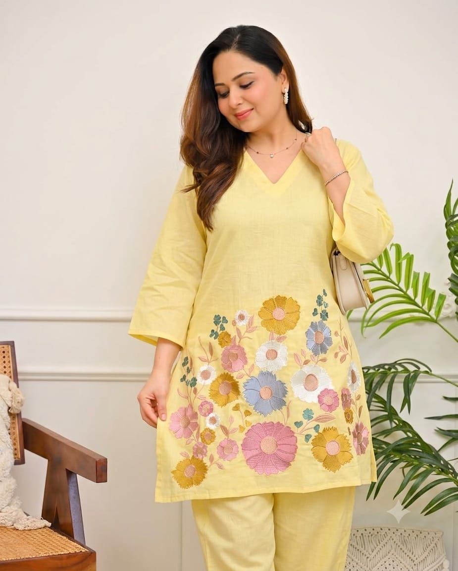 Women’s Embroidered Yellow Cotton Coord Set | Floral Embroidery Kurta Pant Set | Attire Vogue
