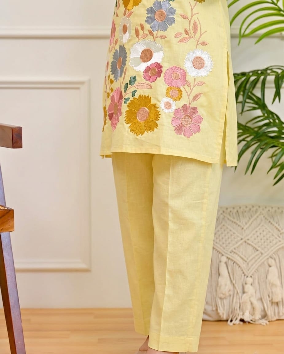 Women’s Embroidered Yellow Cotton Coord Set | Floral Embroidery Kurta Pant Set | Attire Vogue