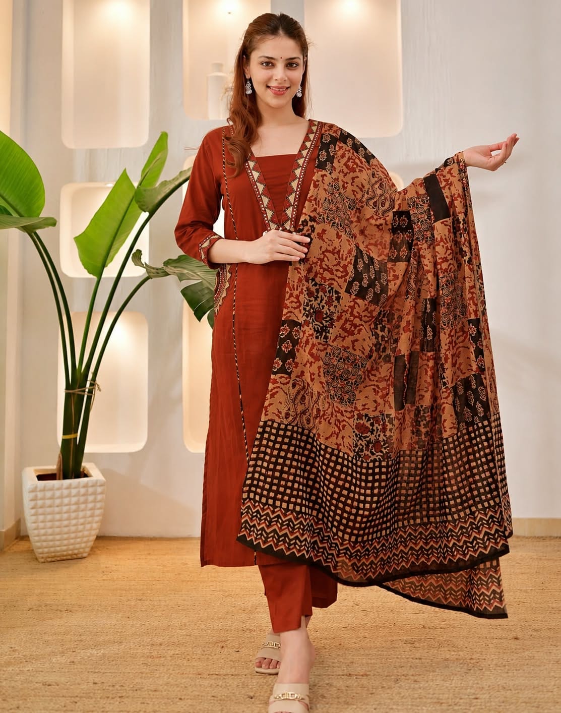 Women’s Rust Red & Mustard Yellow Cotton Kurti Set with Palazzo & Printed Dupatta | Ethnic Indian Wear