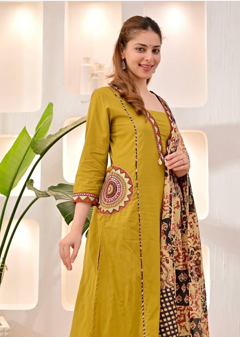 Women’s Rust Red & Mustard Yellow Cotton Kurti Set with Palazzo & Printed Dupatta | Ethnic Indian Wear