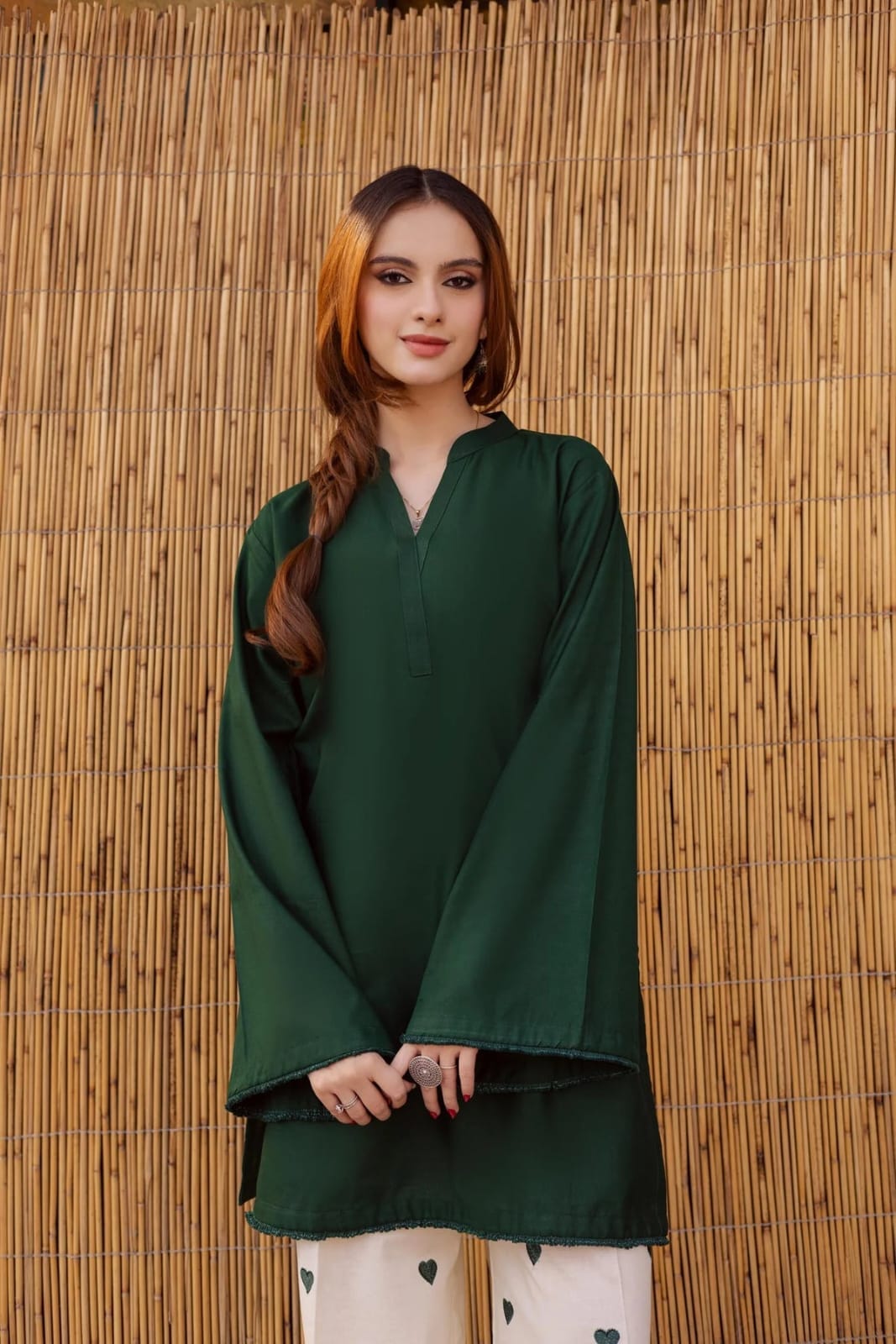 Women’s Brown & Bottle Green Cotton Co-Ord Set with Heart Print Palazzo – Stylish Flared Sleeve Kurta Set