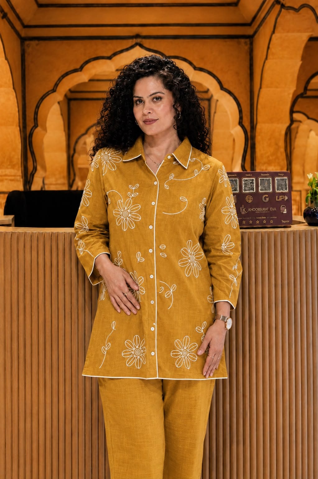 Women’s Mustard Floral Embroidered Co-Ord Set – Stylish Kurta Pant Set