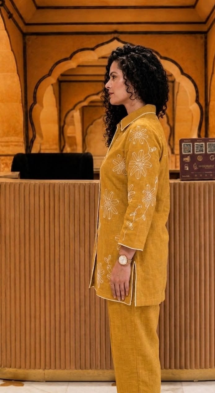 Women’s Mustard Floral Embroidered Co-Ord Set – Stylish Kurta Pant Set