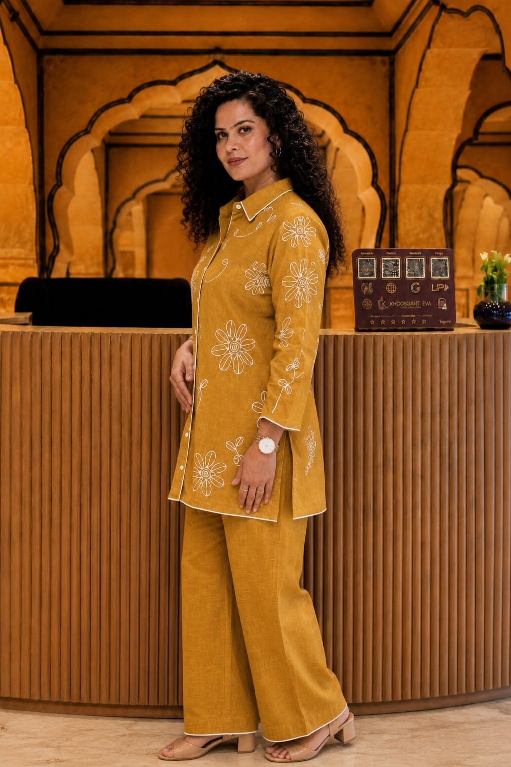 Women’s Mustard Floral Embroidered Co-Ord Set – Stylish Kurta Pant Set