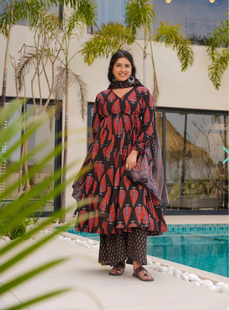 Women’s Black & Red Printed Anarkali Kurti Set with Dupatta | Stylish Ethnic Wear