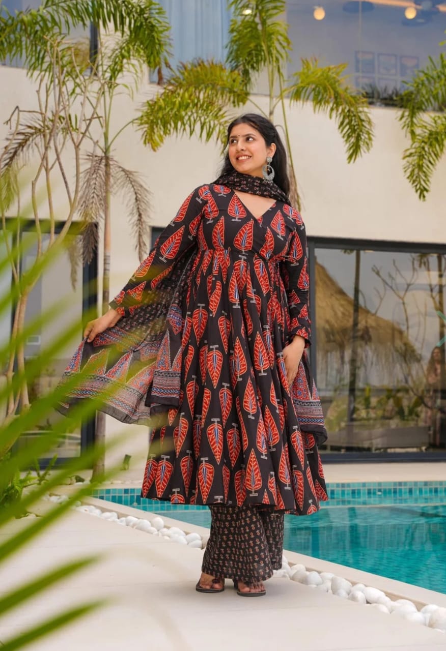 Women’s Black & Red Printed Anarkali Kurti Set with Dupatta | Stylish Ethnic Wear