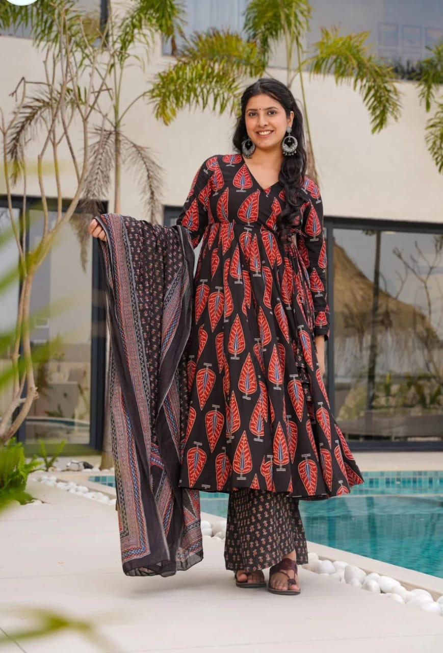 Women’s Black & Red Printed Anarkali Kurti Set with Dupatta | Stylish Ethnic Wear