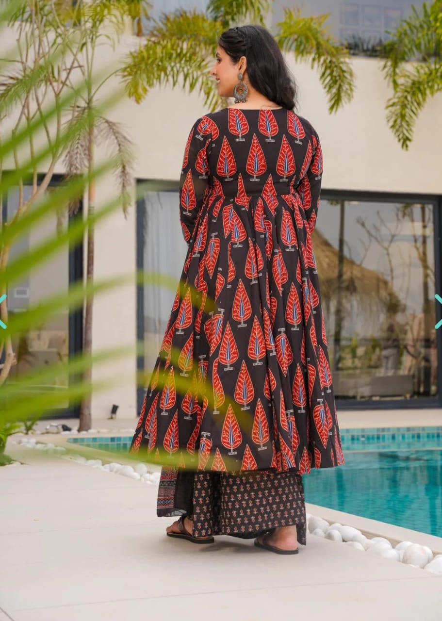 Women’s Black & Red Printed Anarkali Kurti Set with Dupatta | Stylish Ethnic Wear