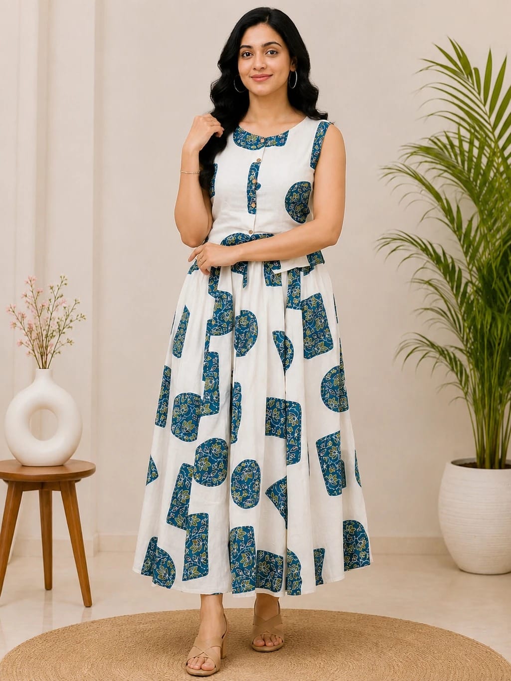 Women’s Printed Kurti Skirt Set | Sleeveless Cotton Ethnic Dress