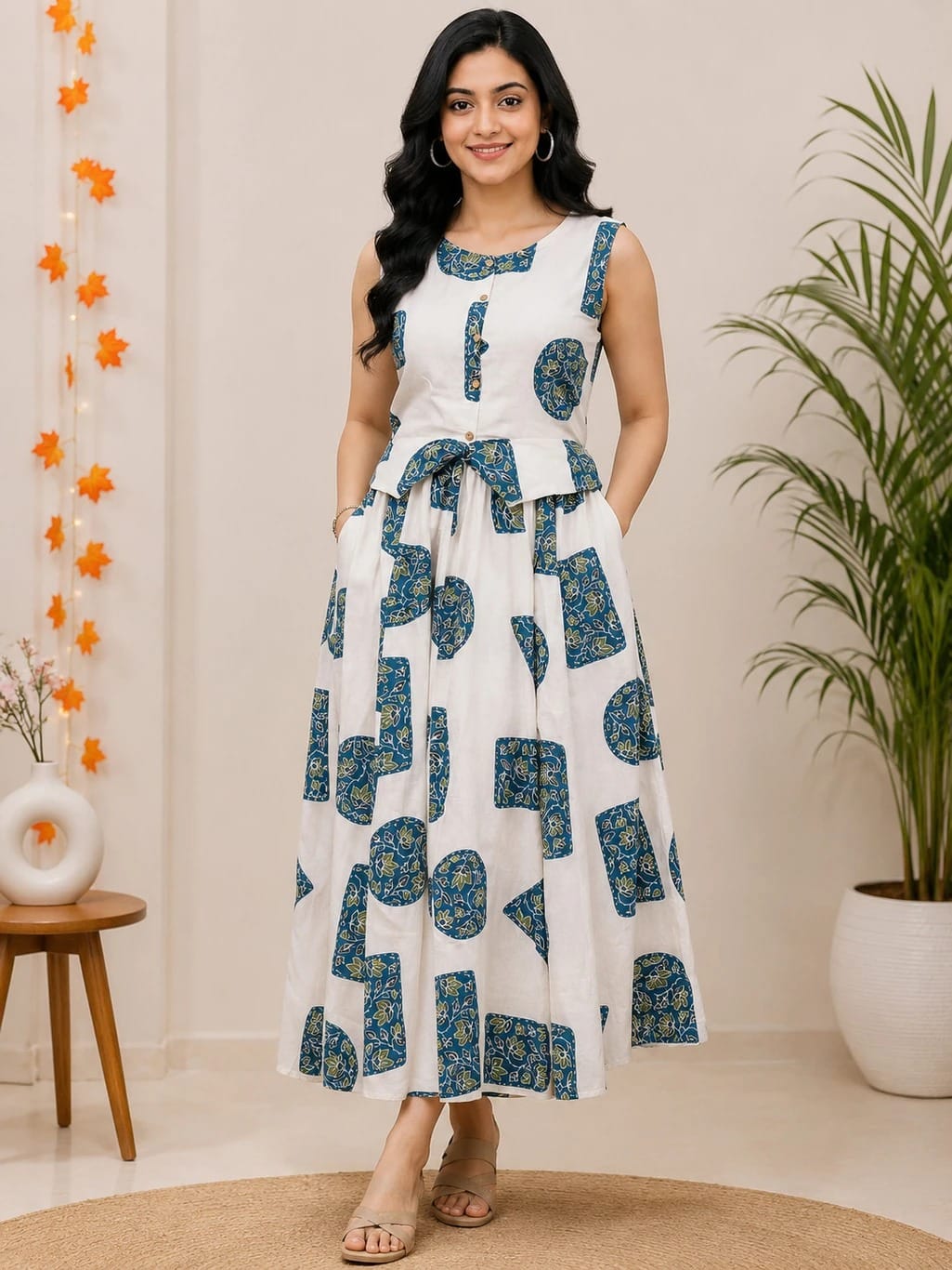 Women’s Printed Kurti Skirt Set | Sleeveless Cotton Ethnic Dress