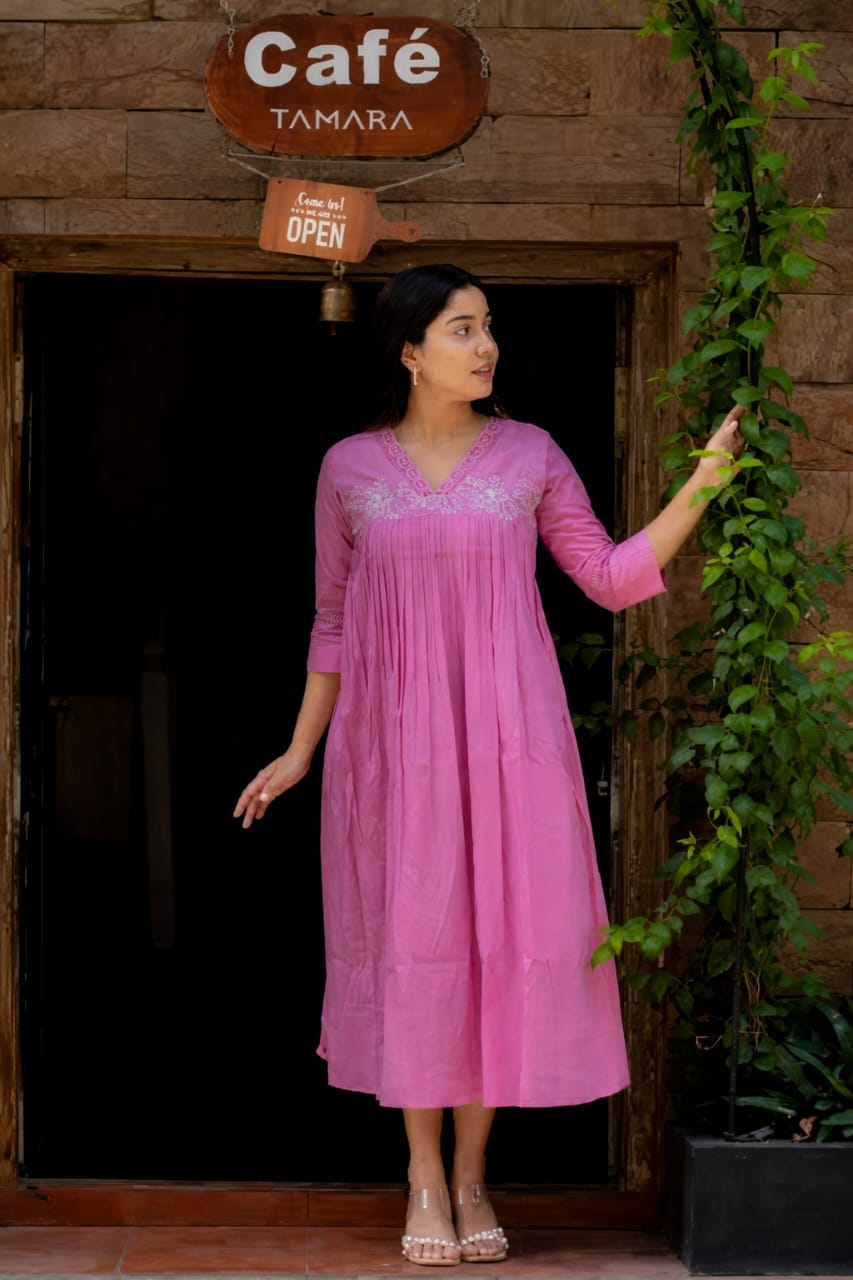 Women’s Pink Cotton Anarkali Kurti Skirt Set with Embroidered Neckline | Elegant Ethnic Wear