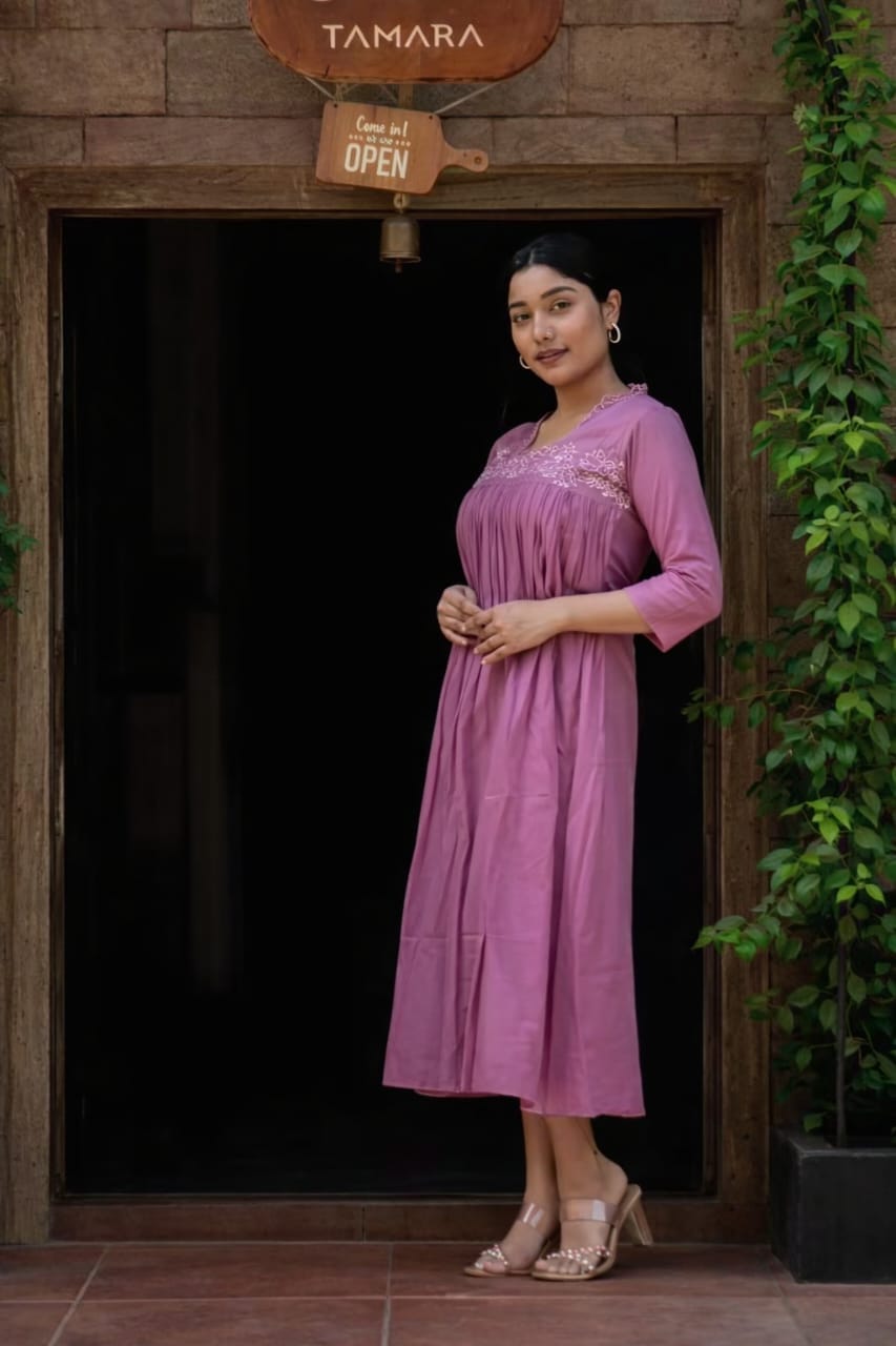 Women’s Pink Cotton Anarkali Kurti Skirt Set with Embroidered Neckline | Elegant Ethnic Wear