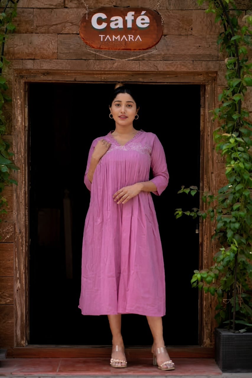 Women’s Pink Cotton Anarkali Kurti Skirt Set with Embroidered Neckline | Elegant Ethnic Wear