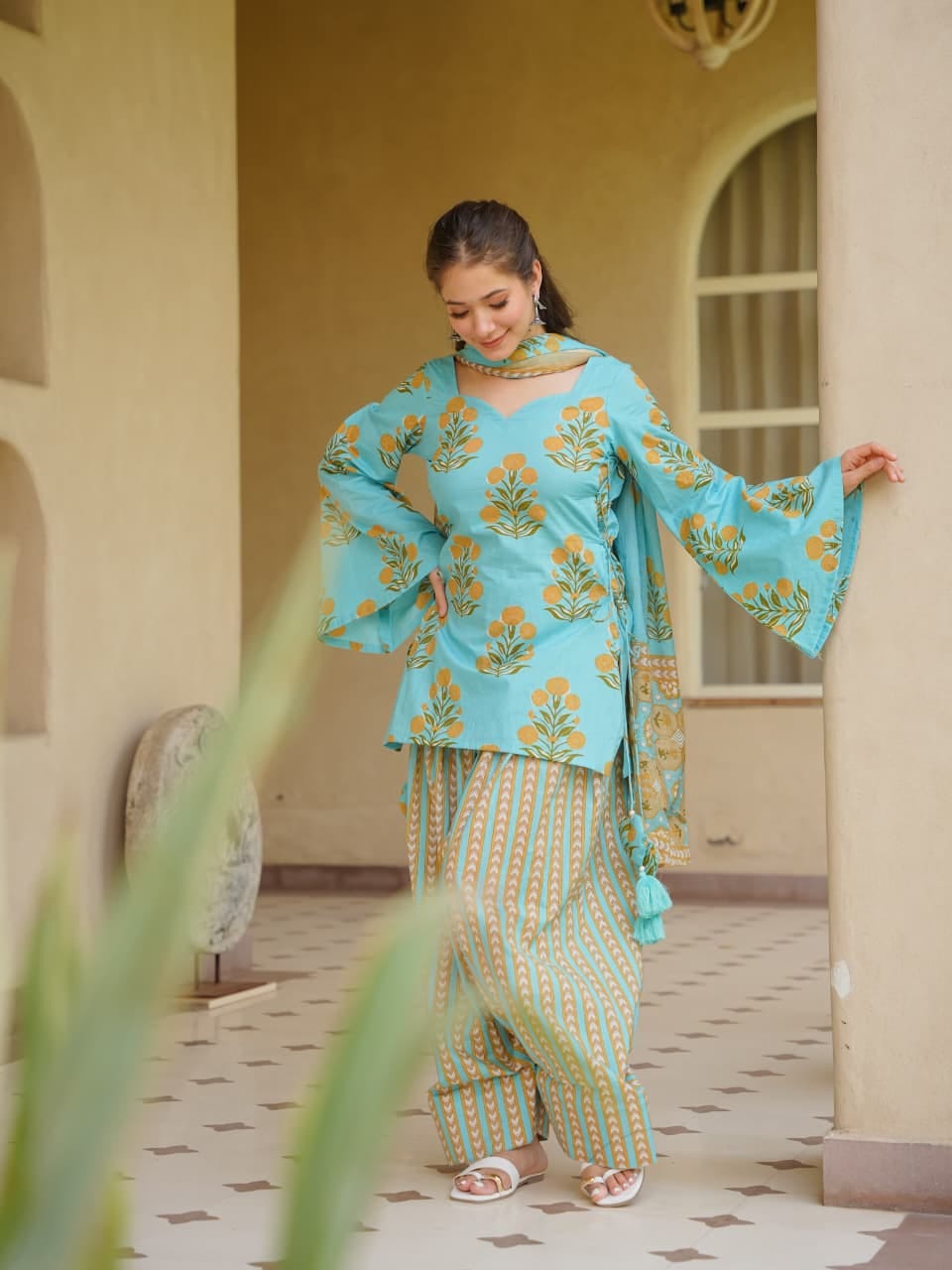 Turquoise Printed Kurti with Farshi Pant & Dupatta Set | Women’s Ethnic Wear