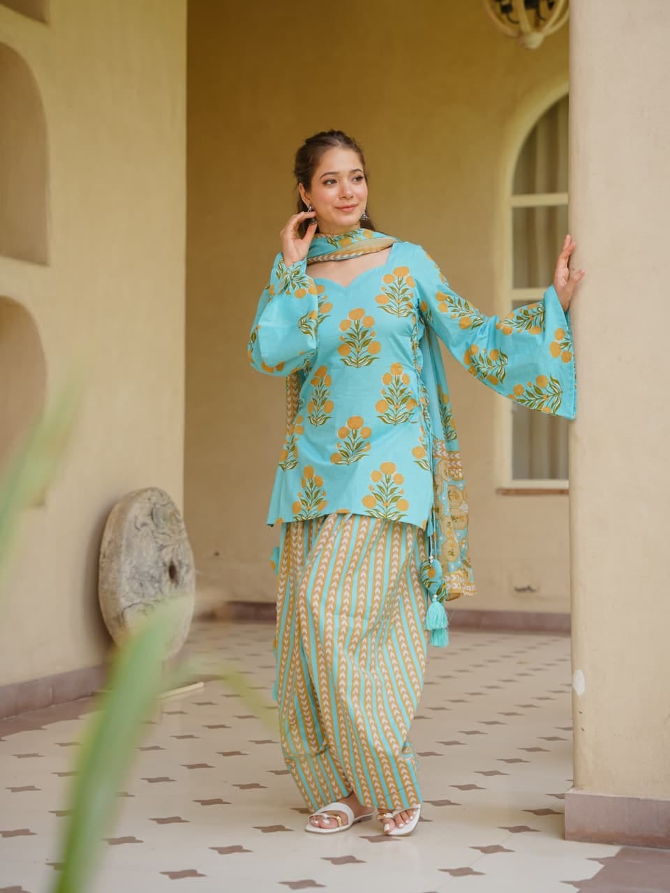 Turquoise Printed Kurti with Farshi Pant & Dupatta Set | Women’s Ethnic Wear