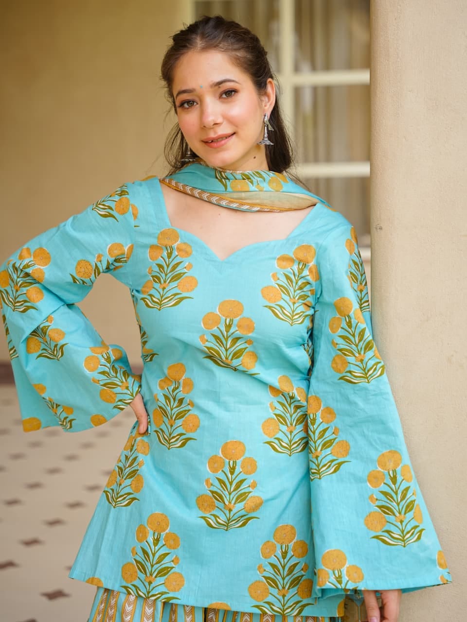 Turquoise Printed Kurti with Farshi Pant & Dupatta Set | Women’s Ethnic Wear