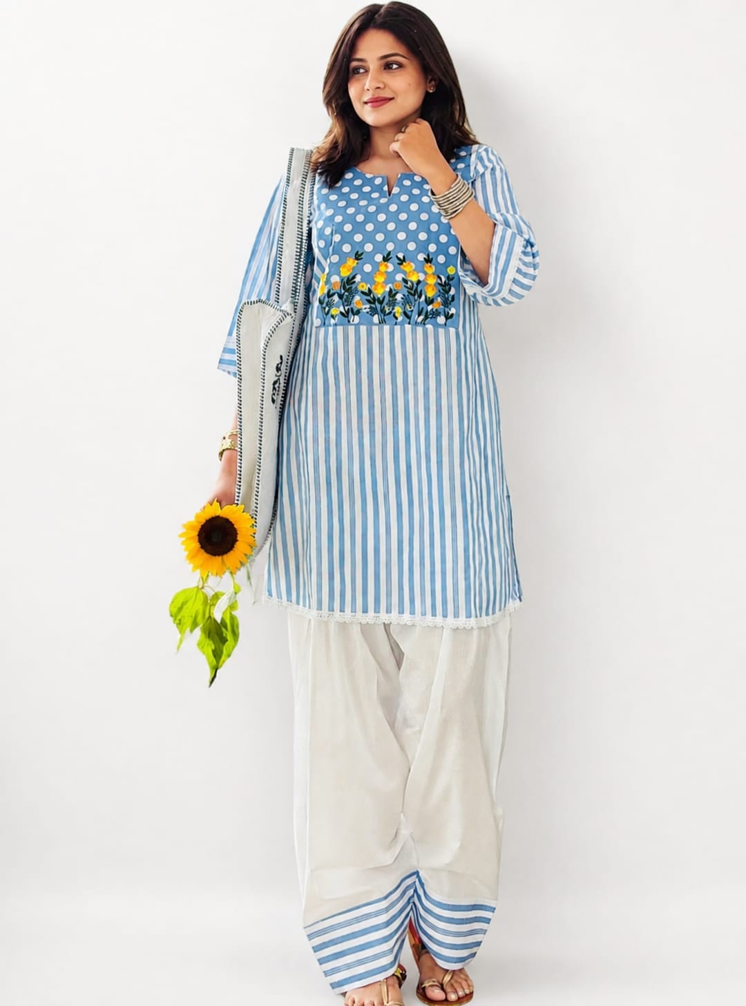 Blue Printed Kurti with Farshi Pant Set | Floral Embroidered Cotton Kurta Pant Set for Women