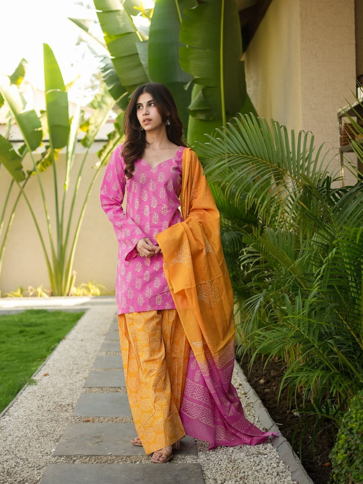Pink Printed Kurti with Farshi Pant & Dupatta Set | Women’s Ethnic Cotton Suit Set