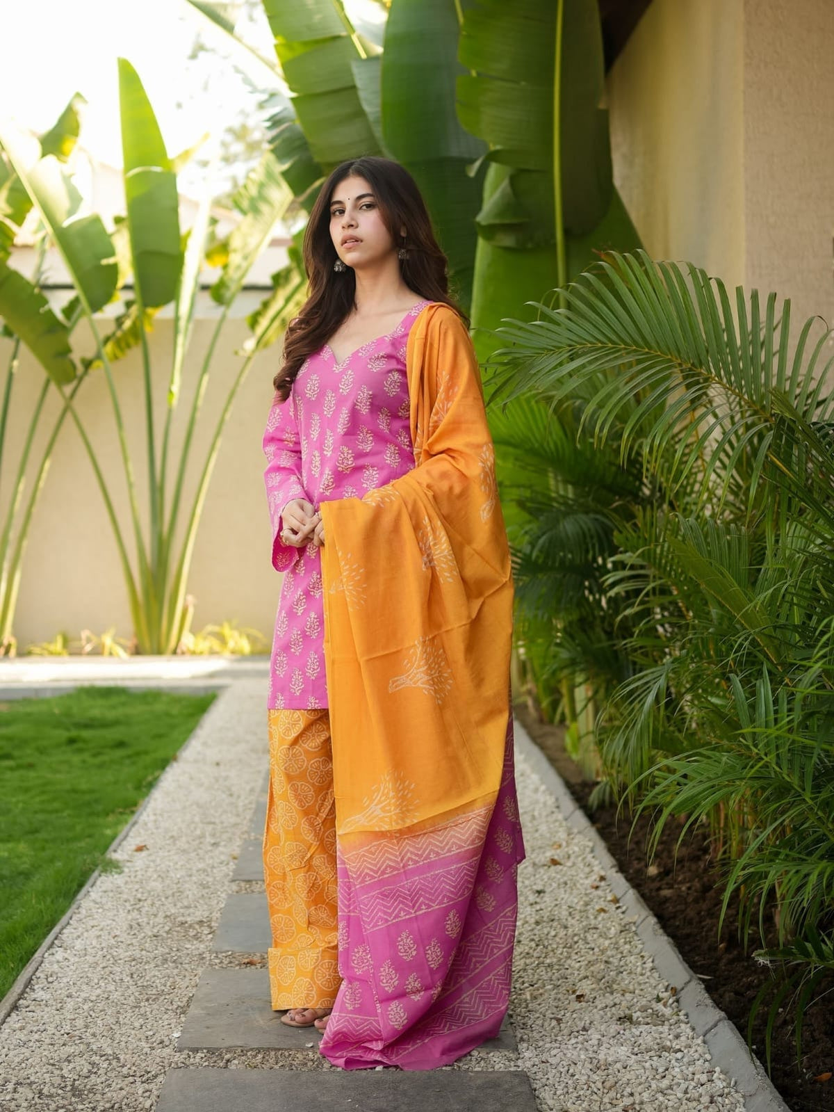 Pink Printed Kurti with Farshi Pant & Dupatta Set | Women’s Ethnic Cotton Suit Set