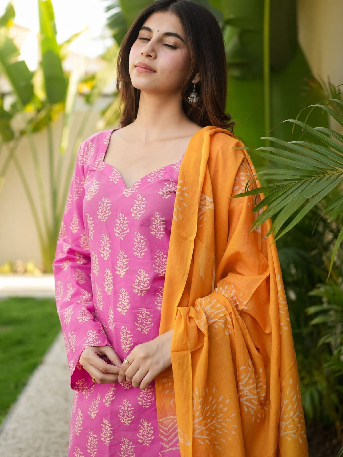 Pink Printed Kurti with Farshi Pant & Dupatta Set | Women’s Ethnic Cotton Suit Set