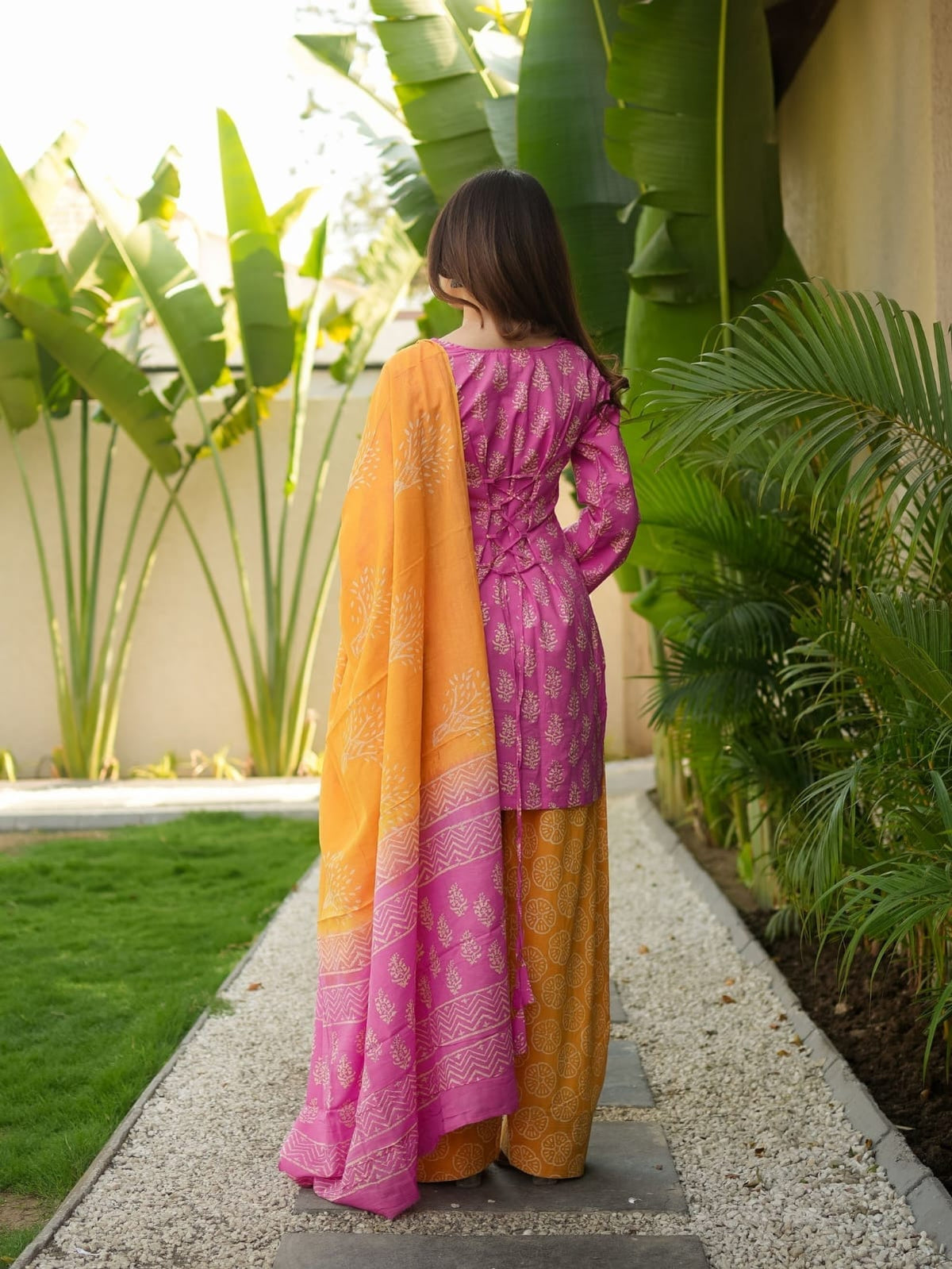 Pink Printed Kurti with Farshi Pant & Dupatta Set | Women’s Ethnic Cotton Suit Set