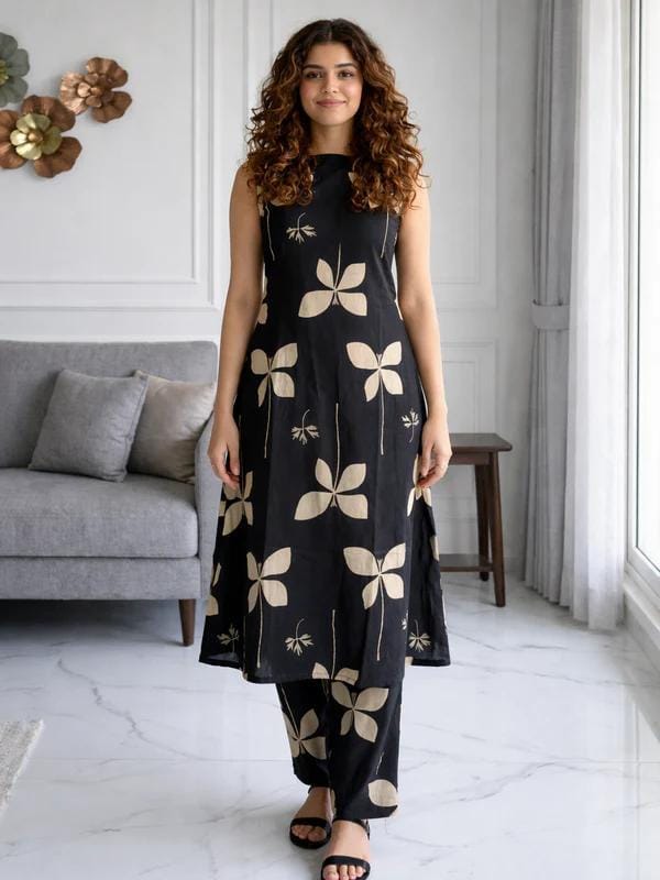 Women’s Black Floral Printed Kurta Pant Set | Sleeveless Cotton Ethnic Co-Ord Set | Elegant Casual Indian Wear