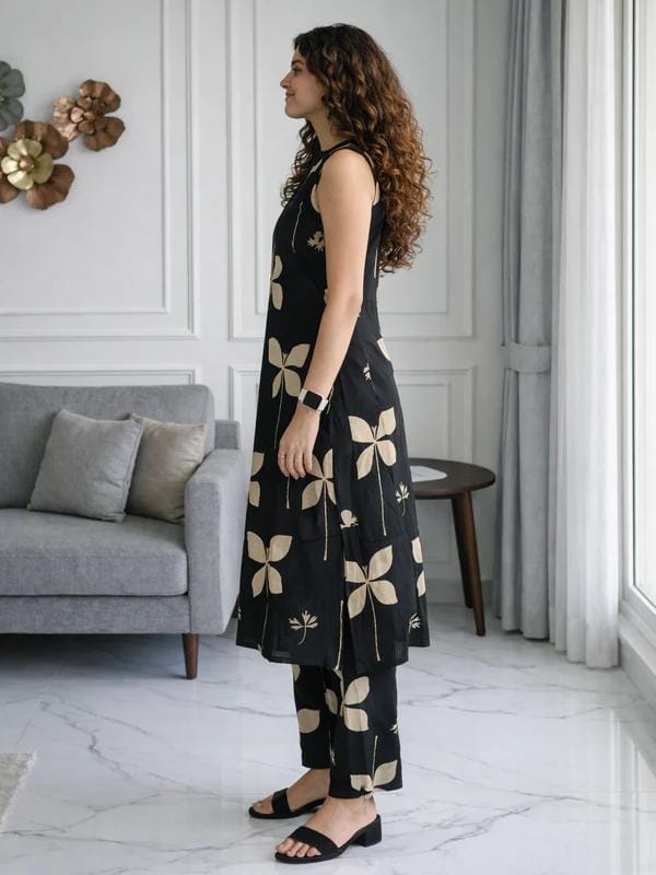 Women’s Black Floral Printed Kurta Pant Set | Sleeveless Cotton Ethnic Co-Ord Set | Elegant Casual Indian Wear