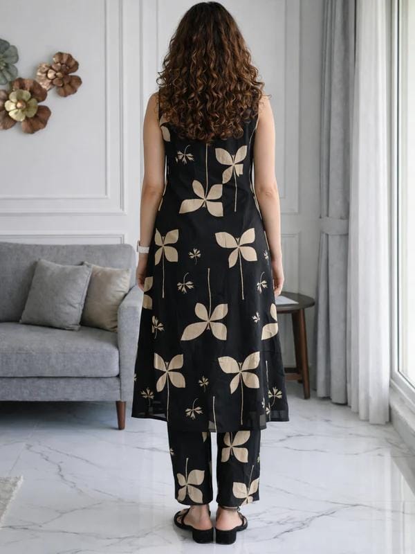 Women’s Black Floral Printed Kurta Pant Set | Sleeveless Cotton Ethnic Co-Ord Set | Elegant Casual Indian Wear