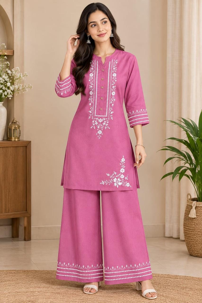 Women’s Purple & Pink Embroidered Kurta Palazzo Co-Ord Set | Floral Embroidery Ethnic Wear