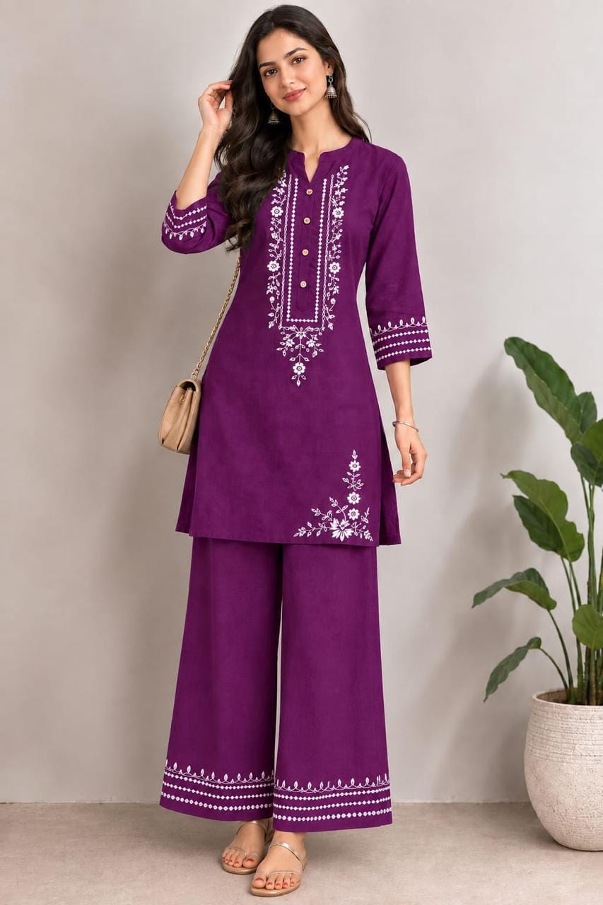 Women’s Purple & Pink Embroidered Kurta Palazzo Co-Ord Set | Floral Embroidery Ethnic Wear