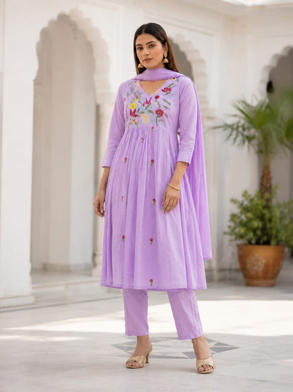Pink & Lavender Embroidered A-Line Anarkali Kurta Dupatta Set