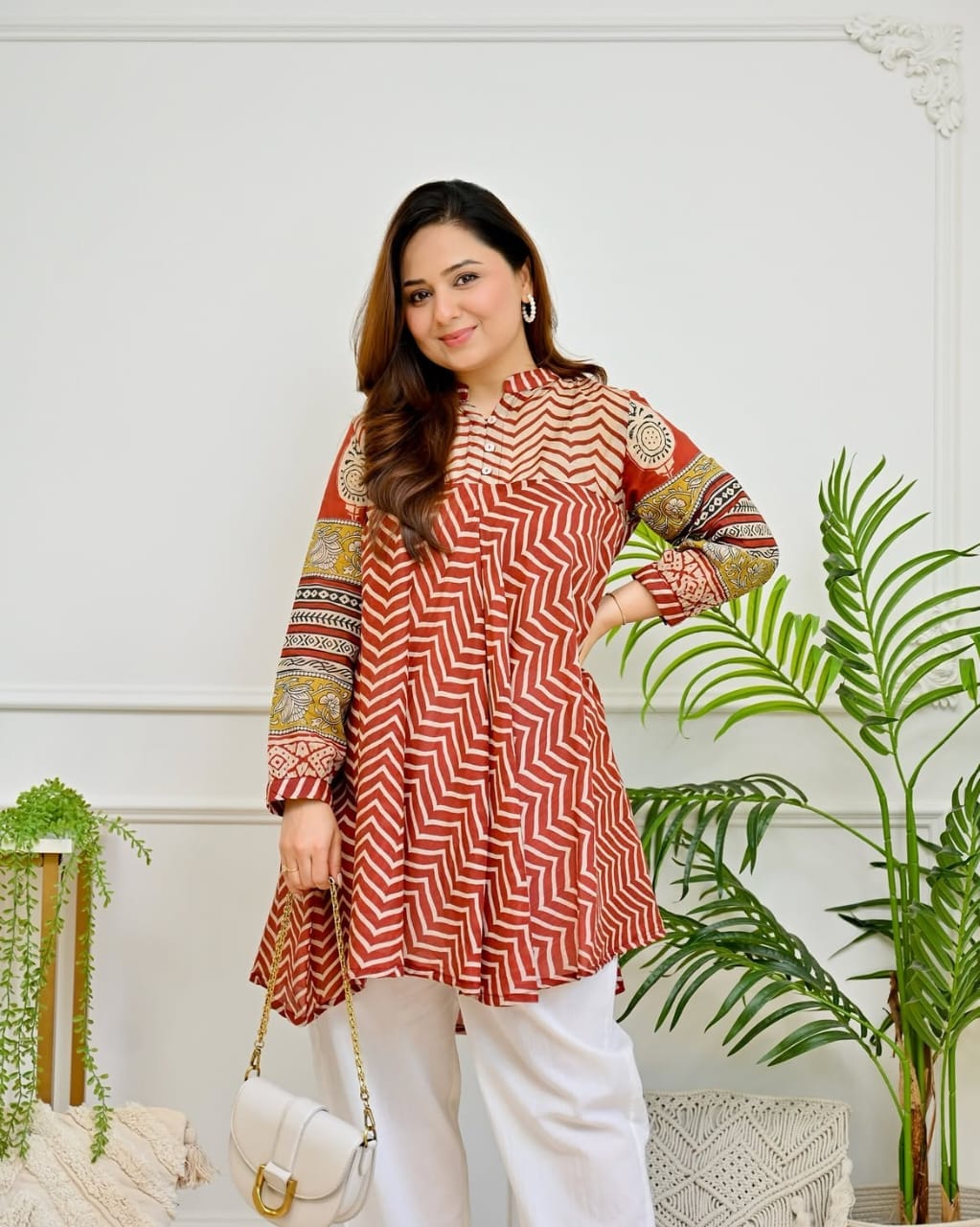 Maroon & Purple Zigzag Anarkali Kurta with White Pants