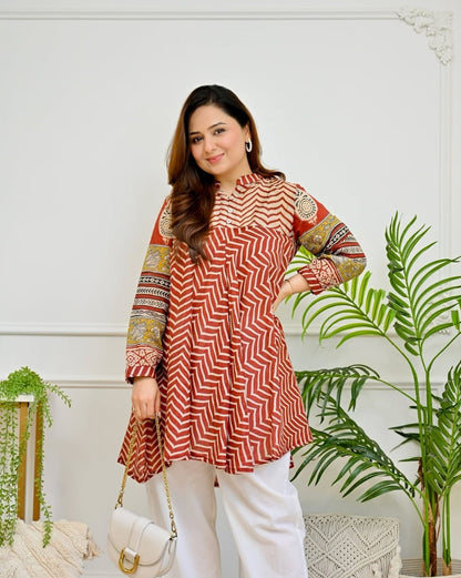 Maroon & Purple Zigzag Anarkali Kurta with White Pants
