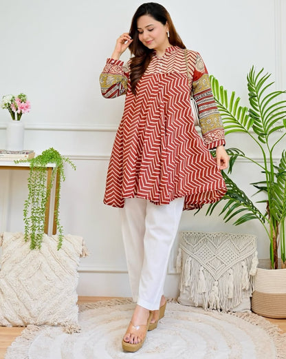 Maroon & Purple Zigzag Anarkali Kurta with White Pants