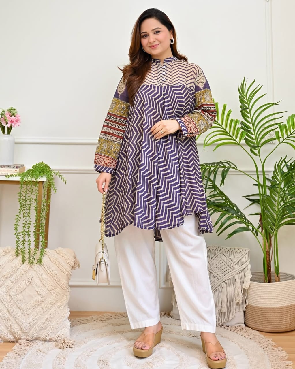 Maroon & Purple Zigzag Anarkali Kurta with White Pants