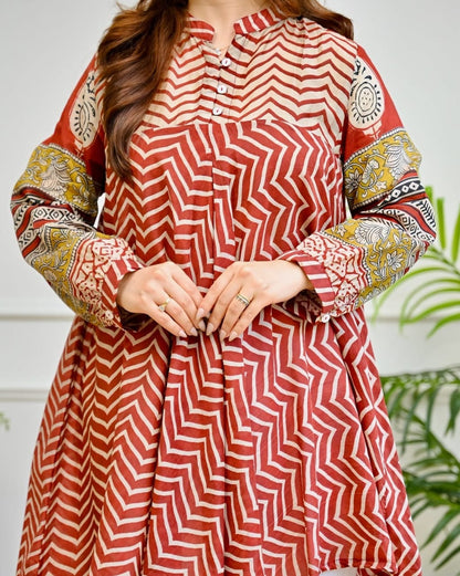 Maroon & Purple Zigzag Anarkali Kurta with White Pants
