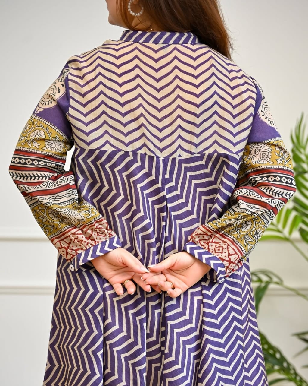 Maroon & Purple Zigzag Anarkali Kurta with White Pants