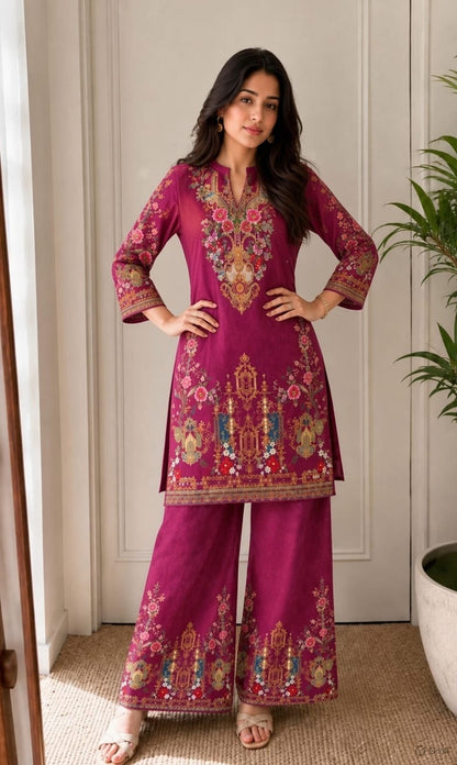 Floral Wine Color Printed Kurti Pant Co-Ord Set