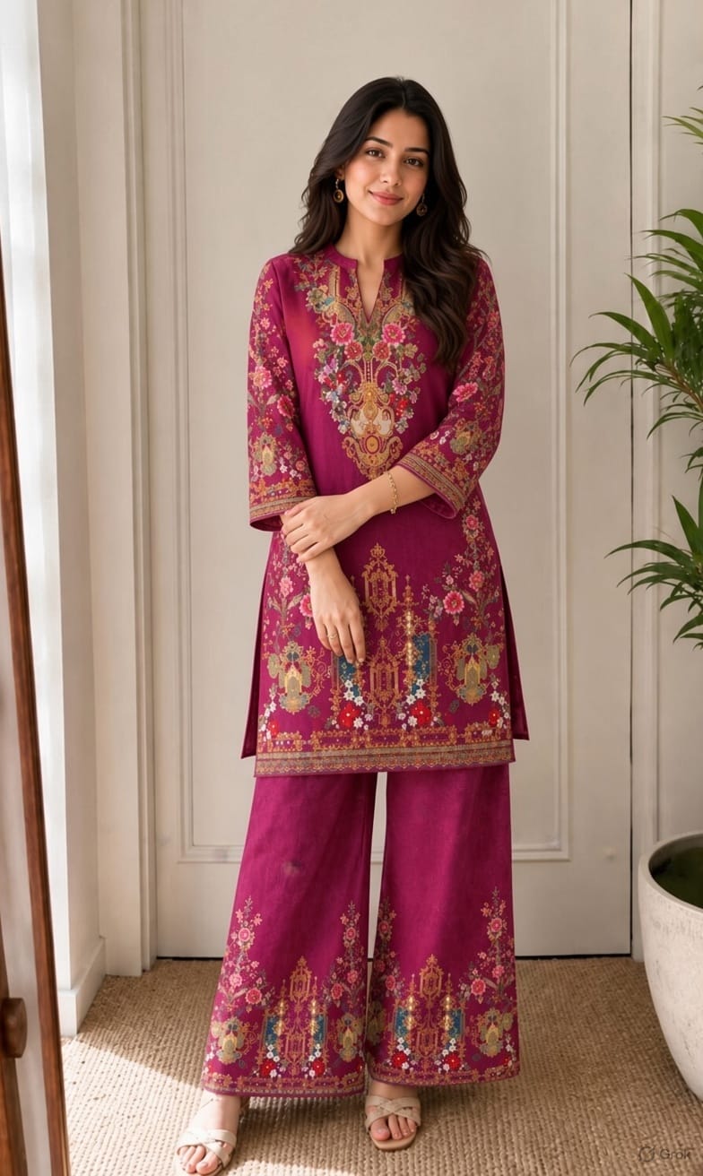 Floral Wine Color Printed Kurti Pant Co-Ord Set