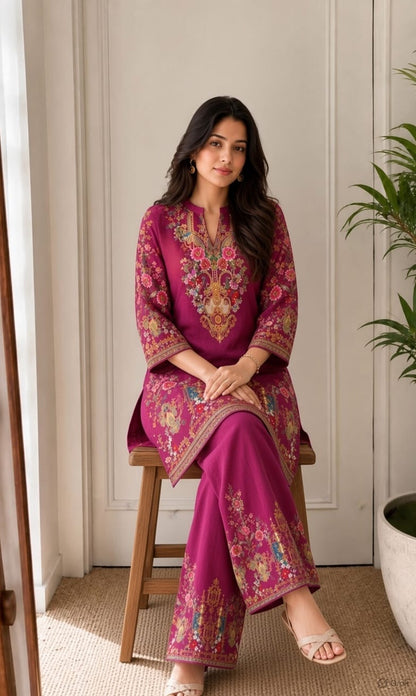 Floral Wine Color Printed Kurti Pant Co-Ord Set