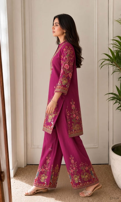 Floral Wine Color Printed Kurti Pant Co-Ord Set