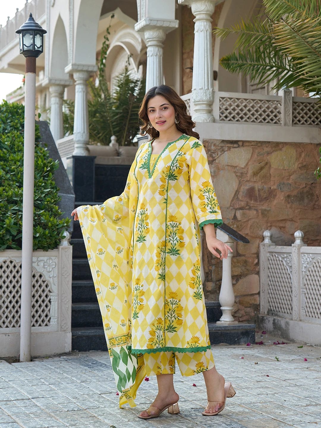 Floral Yellow Printed Anarkali Suit Set with Dupatta