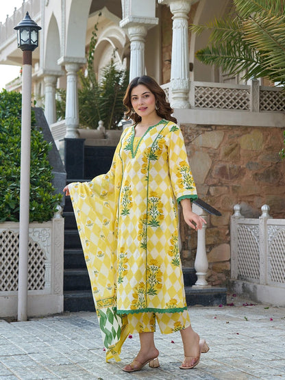 Floral Yellow Printed Anarkali Suit Set with Dupatta
