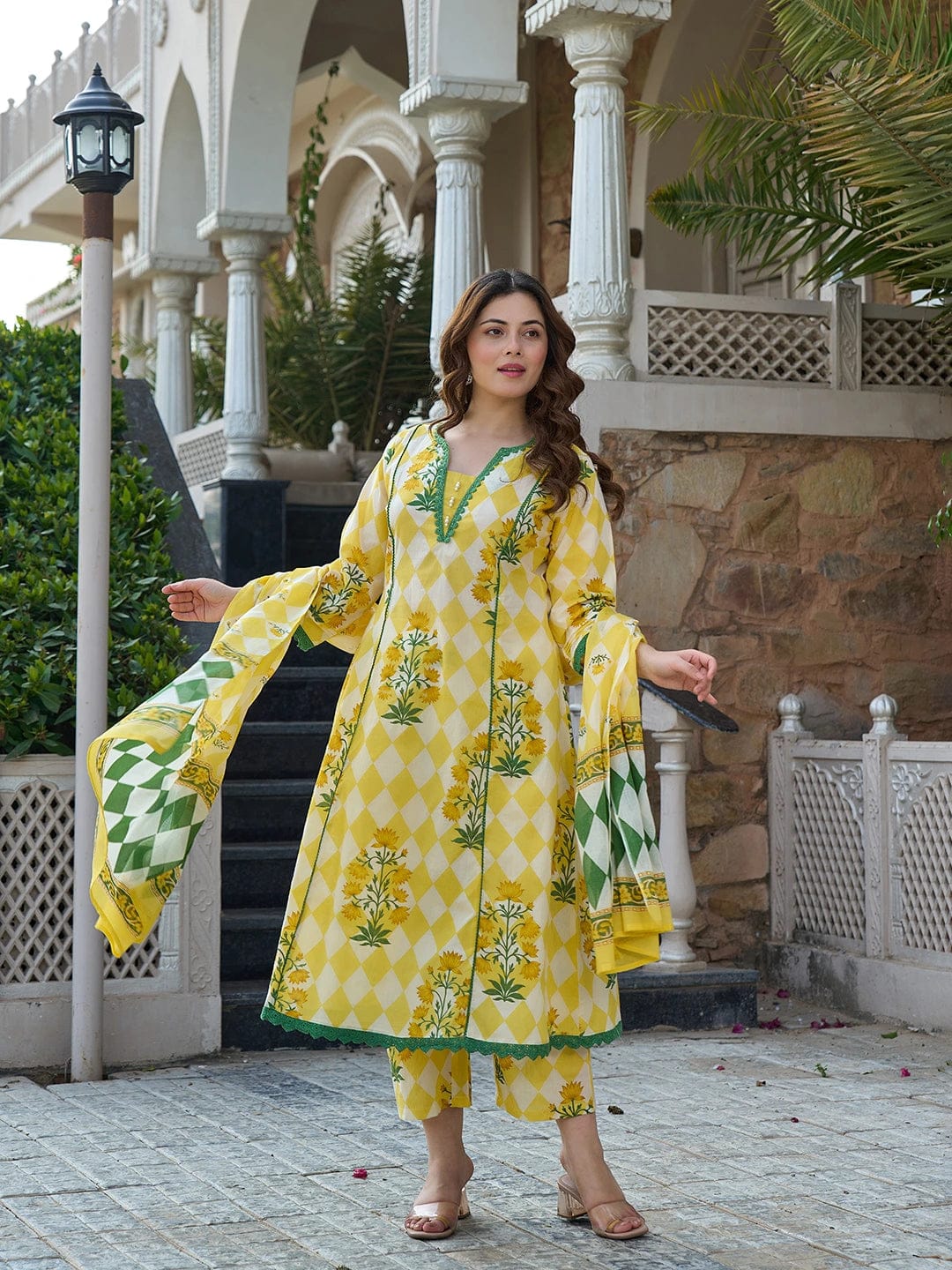 Floral Yellow Printed Anarkali Suit Set with Dupatta