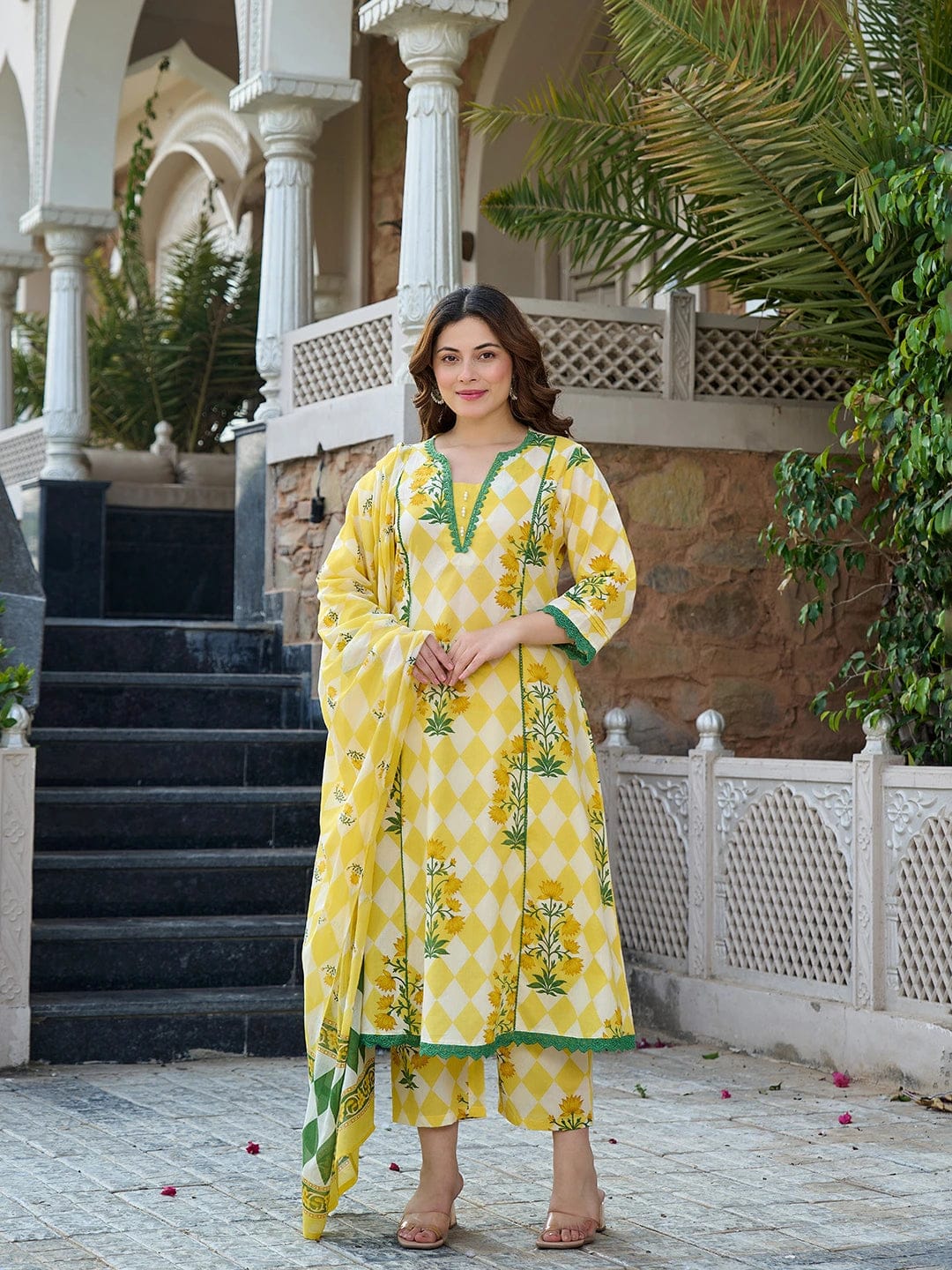 Floral Yellow Printed Anarkali Suit Set with Dupatta
