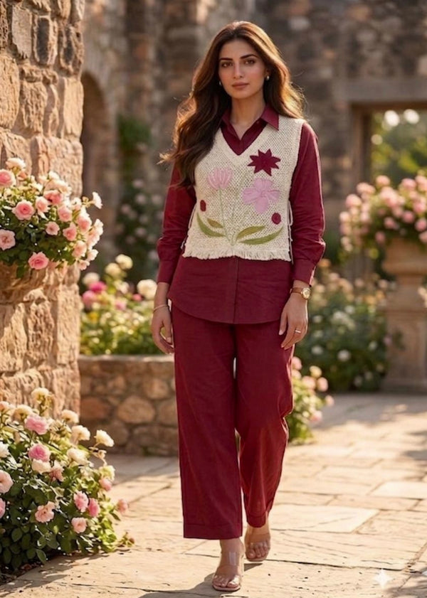 Premium Cotton Coord Set for Women | Maroon Floral Embroidered Co-ord Set
