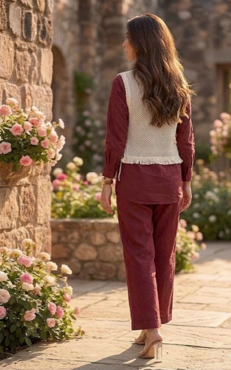 Premium Cotton Coord Set for Women | Maroon Floral Embroidered Co-ord Set