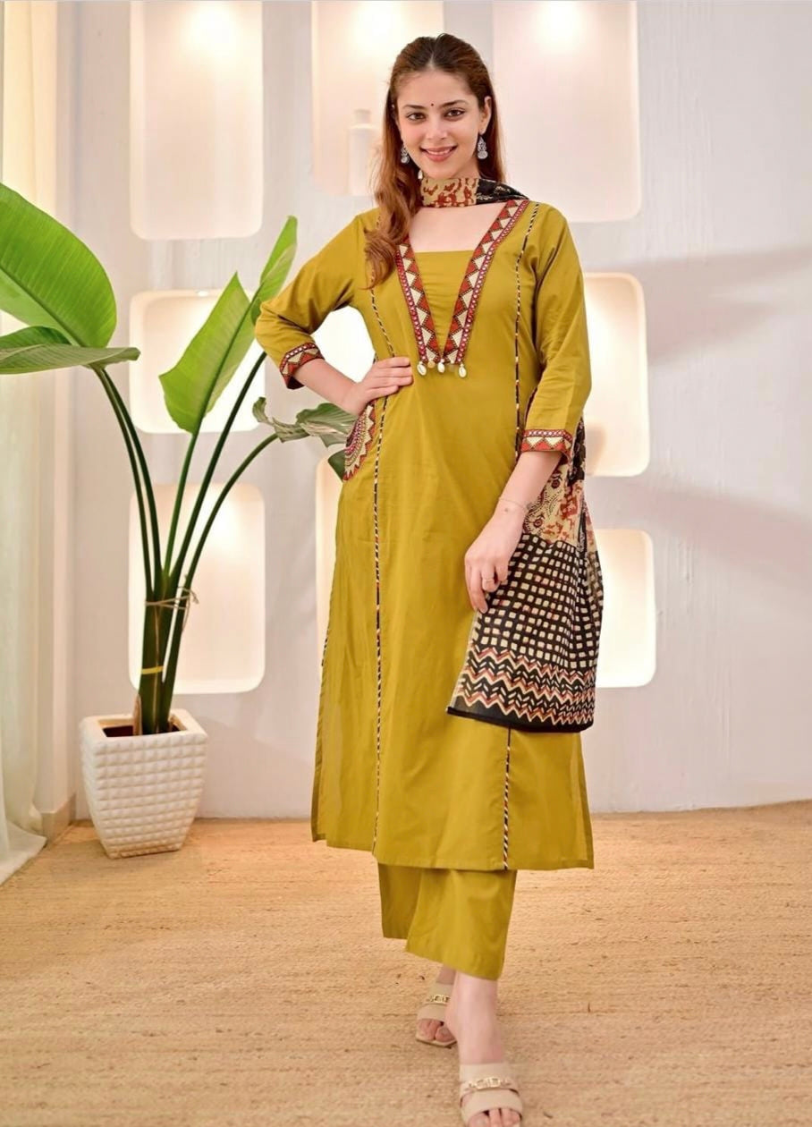 Women’s Rust Red & Mustard Yellow Cotton Kurti Set with Palazzo & Printed Dupatta | Ethnic Indian Wear
